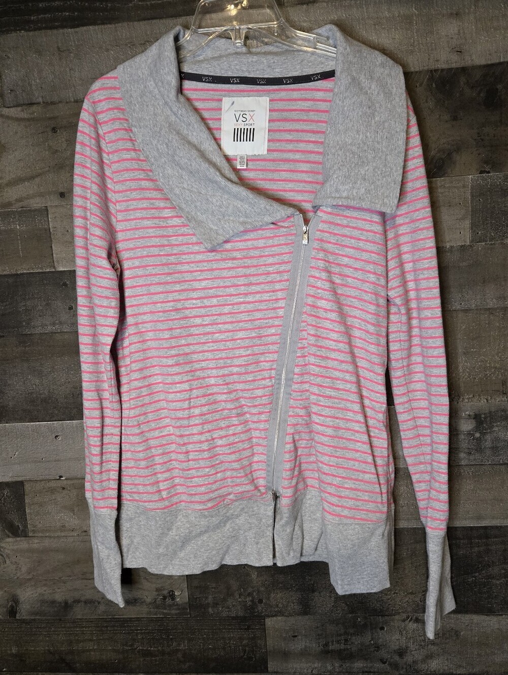 Victoria's Secret Pink and Gray Striped Zip Up Sweatshirt